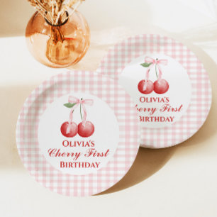 Assiettes En Carton Premier anniversaire Cerise Ruban Rose Gingham