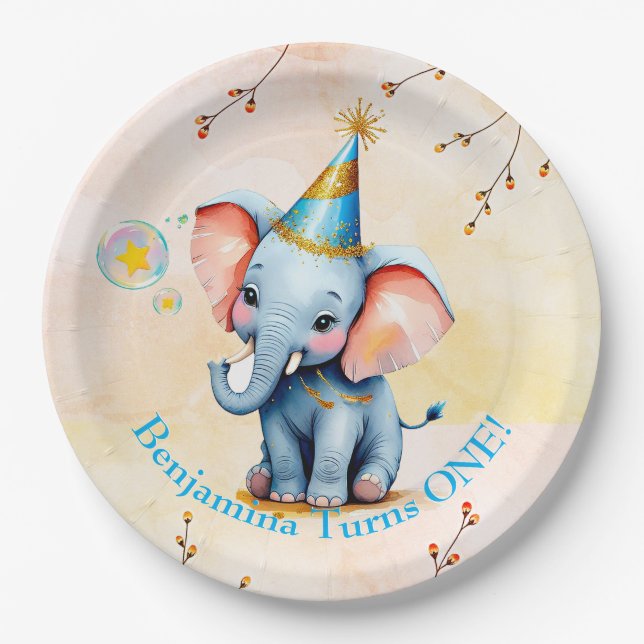 Assiettes En Carton Premier Anniversaire Cute Blue Elephant Golden Flo (Devant)