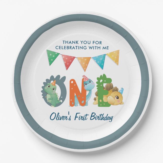 Assiettes En Carton Premier anniversaire de Dinosaur (Devant)