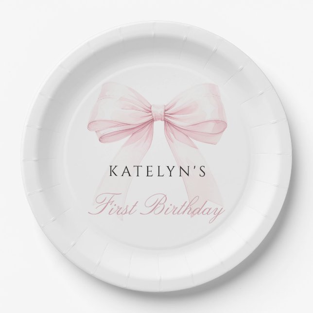 Assiettes En Carton Premier anniversaire de la Bow rose rousse (Devant)