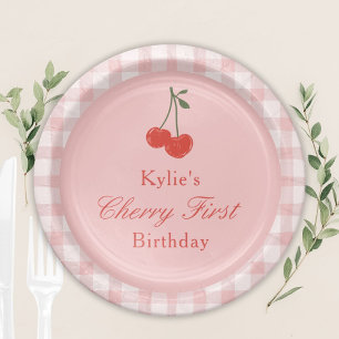 Assiettes En Carton Premier anniversaire de la cerise de fille rose et