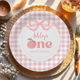 Assiettes En Carton Premier anniversaire de Peach En vichy rose