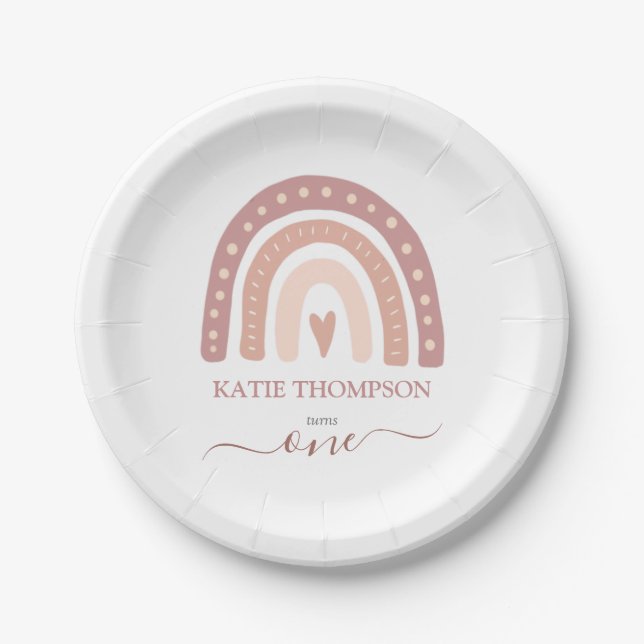 Assiettes En Carton Premier anniversaire du Pastel Pink Rainbow Boho (Devant)
