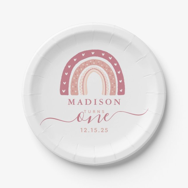 Assiettes En Carton Premier anniversaire du Pastel Rose Rainbow modern (Devant)