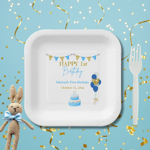 Assiettes En Carton Premier Anniversaire Garçon Ballons Cake Bleu Or 