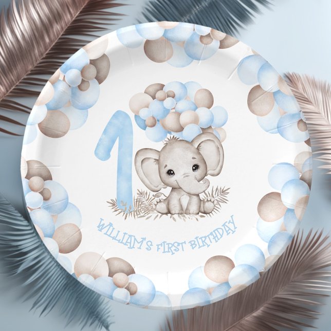 Assiettes En Carton Premier anniversaire Garçon mignon Plaques en papi (First Birthday Boy Cute Elephant Paper Plates)