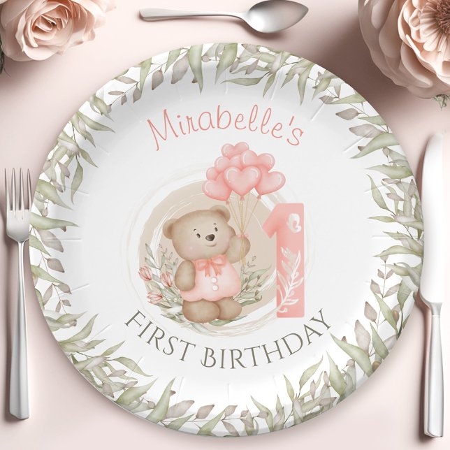 Assiettes En Carton Premier Anniversaire Mignonne Teddy Bear Peach (First Birthday Cute Teddy Bear Peach Paper Plates)