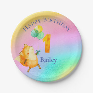 Assiettes En Carton Premier anniversaire Nom personnalisé Rainbow Ball