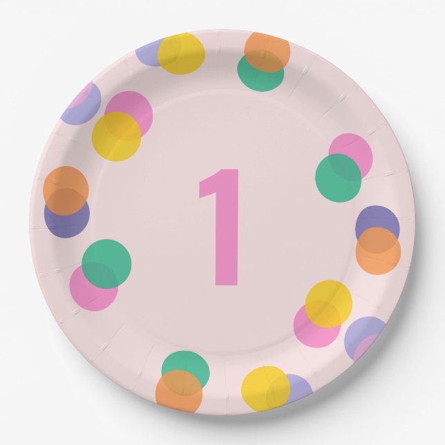 Assiettes En Carton Premier Anniversaire Pastel Pink Confetti (Devant)