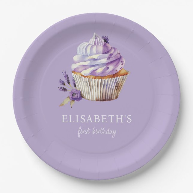 Assiettes En Carton Premier Anniversaire Pastel Violet Personnalisé (Devant)