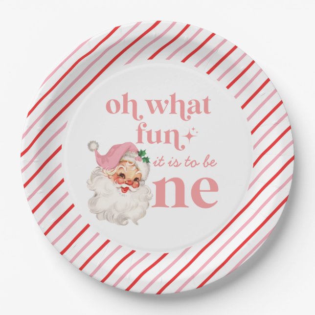 Assiettes En Carton Premier anniversaire rétro Noël rose Père Noël (Devant)