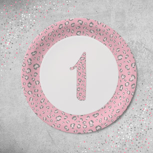 Assiettes En Carton Premier anniversaire rose gris 2 Motif léopard