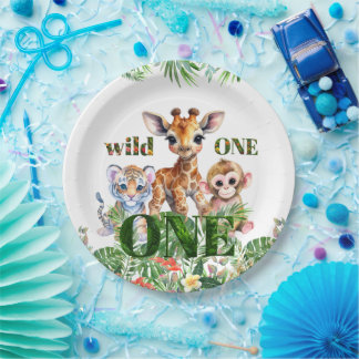 Assiettes En Carton Premier Anniversaire Tigre Girafe Singe Sauvage Un