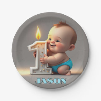 ASSIETTES EN CARTON " PREMIER BÉBÉ GARÇON D'ANNIVERSAIRE "
