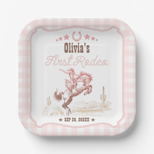 Assiettes En Carton Premier Rodéo 1er Anniversaire Rose Western (Recto)