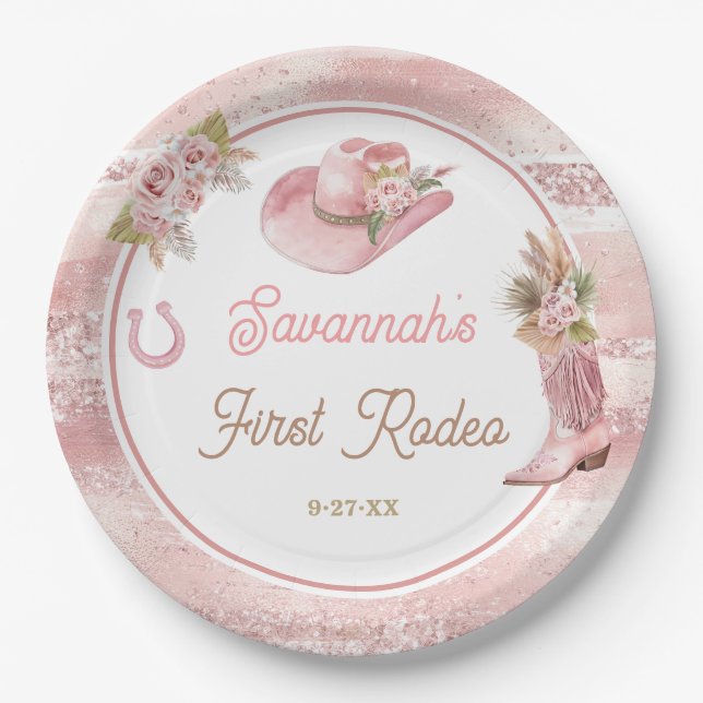Assiettes En Carton Premier Rodéo Boho Rose 1er Anniversaire (Devant)