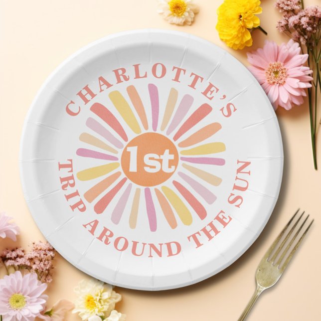 Assiettes En Carton Premier voyage personnalisé autour du 1er annivers (Custom First Trip Around Sun 1st Birthday Party Paper Plates)