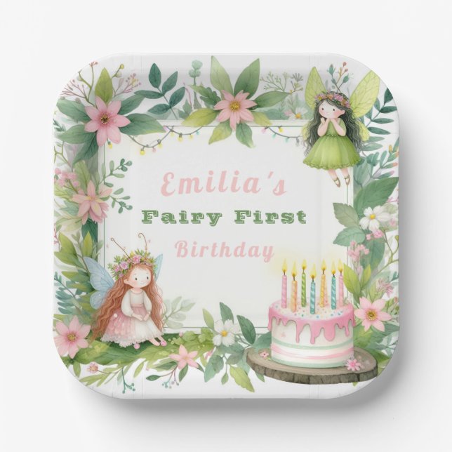 Assiettes En Carton Première année de la fée pastel verte - (Recto)