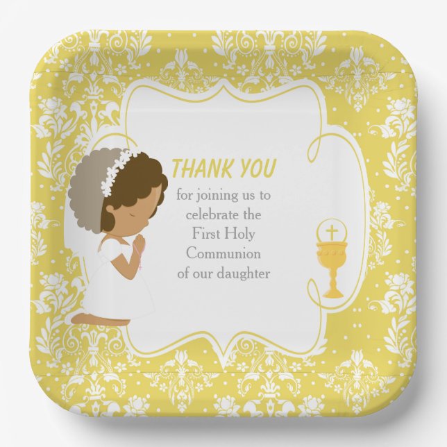 Assiettes En Carton Première communion Africain Américain Gold Damask (Recto)