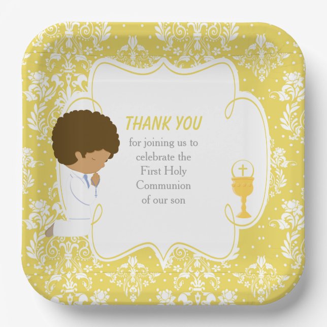 Assiettes En Carton Première communion Africain Américain Gold Damask (Recto)