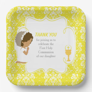 Assiettes En Carton Première communion Africain Américain Jaune Damas
