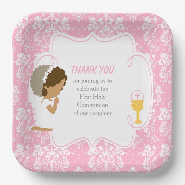 Assiettes En Carton Première communion Africain-Américain rose Damask (Recto)