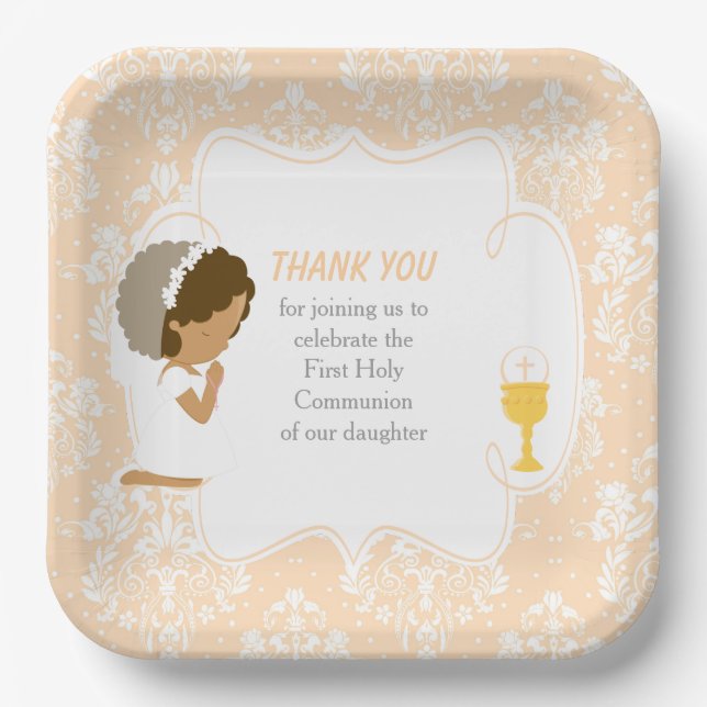 Assiettes En Carton Première communion Afro-Américain Peach Damask (Recto)
