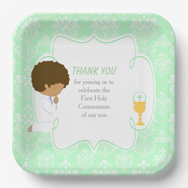 Assiettes En Carton Première communion Afro-Américain Vert Damas (Recto)