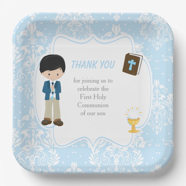 Assiettes En Carton Première communion Black Hair Boy Merci (Recto)