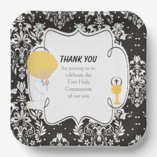 Assiettes En Carton Première Communion Blonde Boy Black Damask