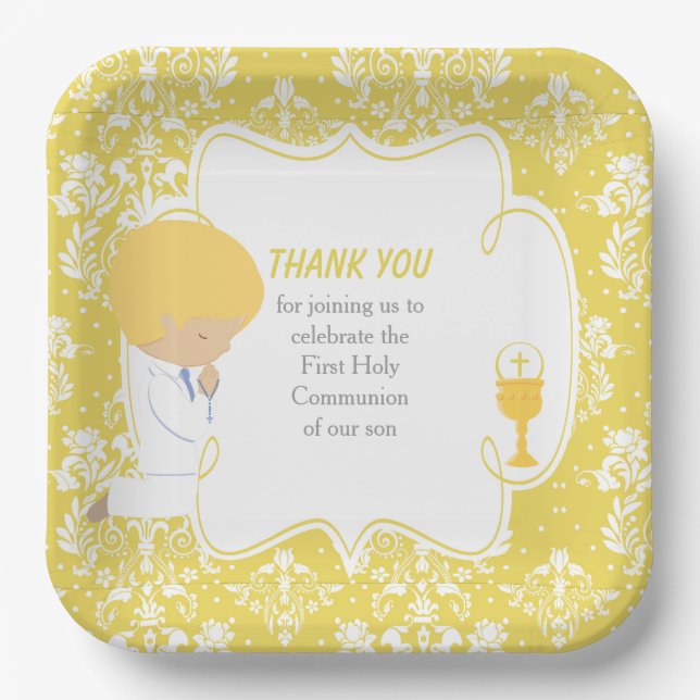 Assiettes En Carton Première Communion Blonde Boy Gold Damask (Recto)