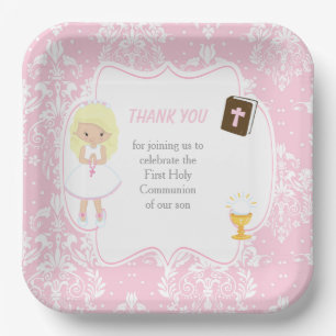 Assiettes En Carton Première Communion Blonde cheveux fille Merci