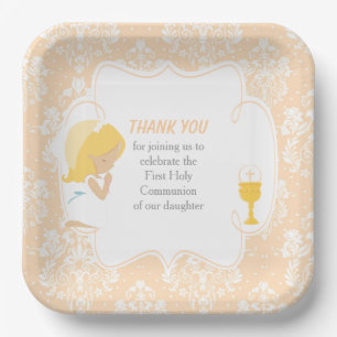 Assiettes En Carton Première Communion Blonde Girl Peach Damask