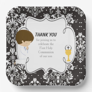 Assiettes En Carton Première Communion Brunette Garçon Noir Damask