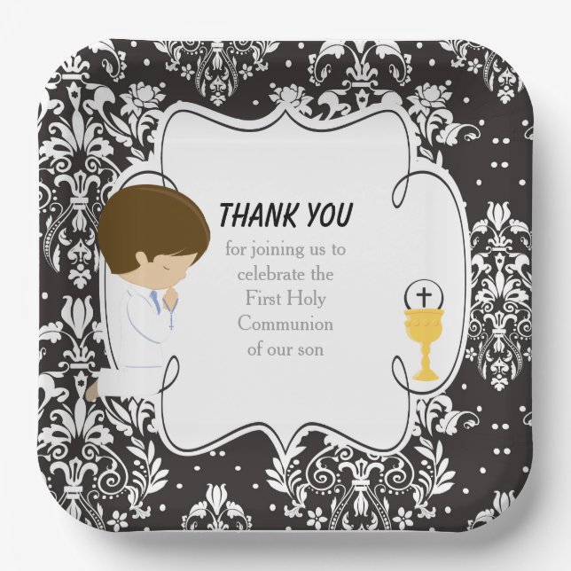 Assiettes En Carton Première Communion Brunette Garçon Noir Damask (Recto)