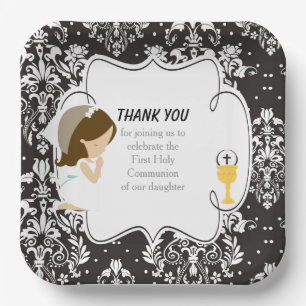 Assiettes En Carton Première Communion Brunette Girl Black Damask
