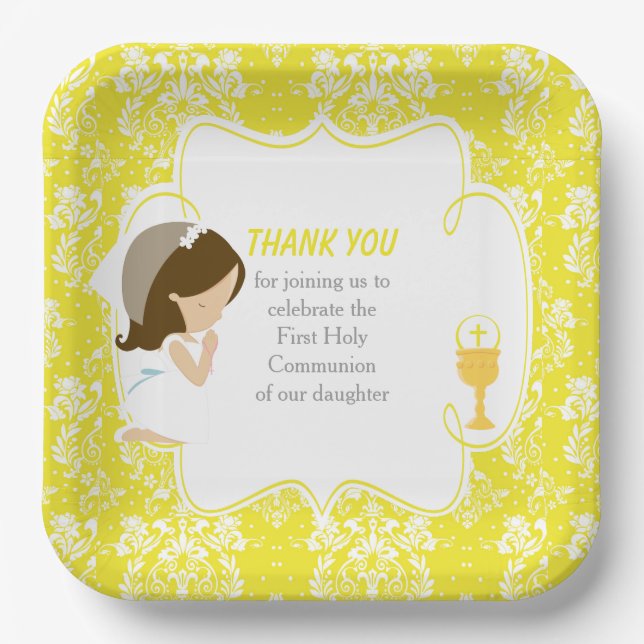 Assiettes En Carton Première Communion Brunette Girl Yellow Damask (Recto)