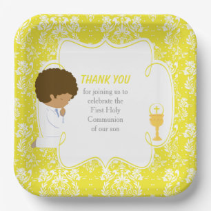 Assiettes En Carton Première communion damassé jaune afro-américain