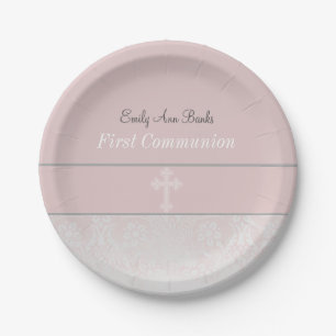 Assiettes En Carton Première communion de dentelle rose