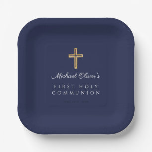 Assiettes En Carton Première communion élégante bleu marine garçon