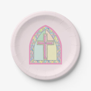 Assiettes En Carton Première communion en verre rose