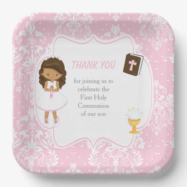 Assiettes En Carton Première communion Fille Africaine Américaine (Recto)