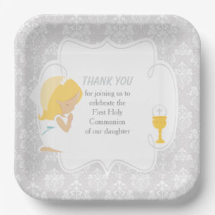 Assiettes En Carton Première communion fille blonde damas argenté