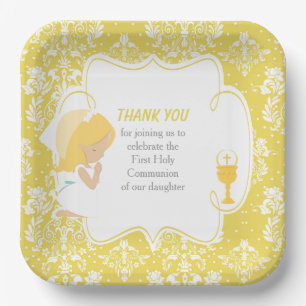 Assiettes En Carton Première communion fille blonde damas or