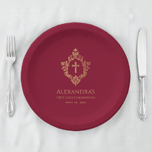 Assiettes En Carton Première communion fille Bourgogne Crête dorée Élé