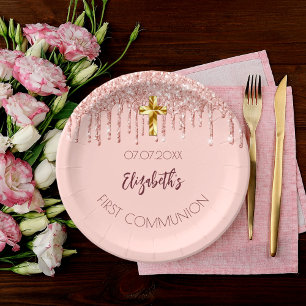 Assiettes En Carton Première Communion fille rose or parties scintilla