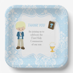 Assiettes En Carton Première communion garçon aux cheveux blonds merci