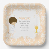Première communion garçon brun beige damassé