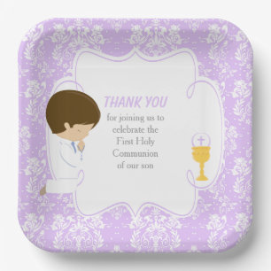 Assiettes En Carton Première communion garçon brun damas violet