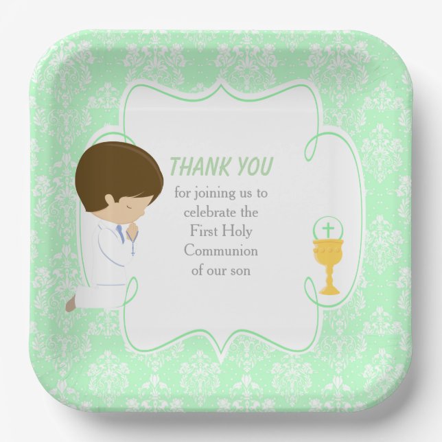 Assiettes En Carton Première communion garçon brun damassé vert (Recto)